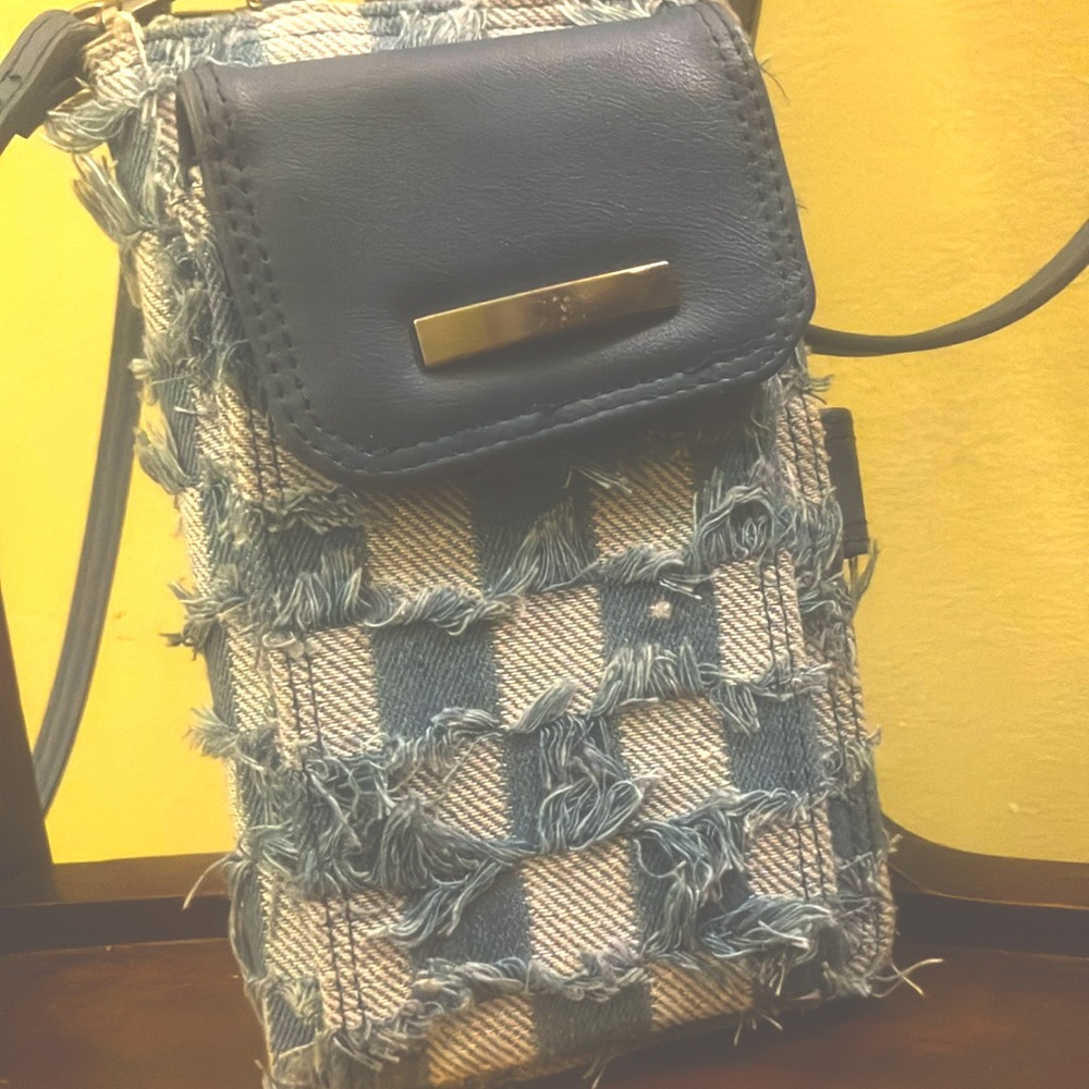 Checkered denim crossbody/clutch/wristlet